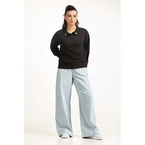 Suéter Polo Negro de Punto con Cuello de Flores, Estilo Casual Holgado para Otoño - Product Image 6