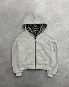 Reversible Heavyweight Zip Up Hoodie Faux Fur Leopard Print Grey Fleece Jacket Cross Zipper <b>Puller</b> Minimalist Chest Text Hoodie - Product Image 2