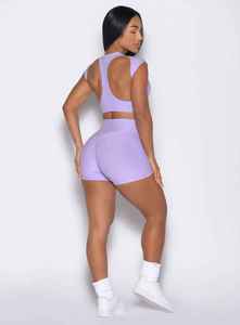 Conjunto Deportivo de 2 Piezas para Mujer, Color Lavanda, Cuello Redondo, Top Corto sin Mangas, Pantalones Cortos de Cintura Alta, Color Sólido, Tejido Transpirable, Ropa de Verano - Product Image 2