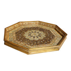 Plateau de service marocain rond en bois avec incrustations en os, fait main, décoratif, pour table basse ottomane, cuisine et salon - Product Image 4