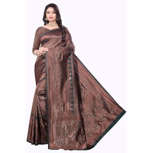 DISEÑADOR SUAVE LITCHI SEDA SAREE CON BLUSA DESCOSADA MELOCOTÓN - Product Image 1