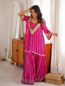 Conjunto Tradicional Indio-Pakistaní Rosa, Top Largo, Pantalones Palazzo Plisados, Diseño Bordado con Cuello en V, Traje de Boda para Mujer, Zari Dorado - Product Image 2