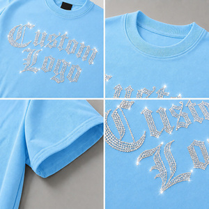 Camiseta Oversize Personalizada con Letras Góticas de Diamantes de Imitación para Hombre, Manga Corta, Cuello Redondo, Tejida, Casual, con Gráficos, Azul Claro - Product Image 5