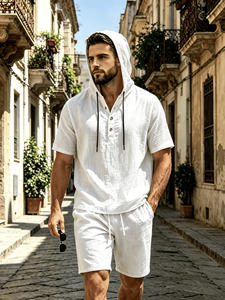Men's Cotton Hooded Short Sleeve Shirt Set Solid Casual Summer Breathable Woven Quick Dry 120g 2pcs Made Bangladesh Customized - Product Image 3