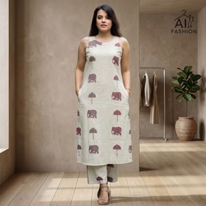Kurti en coton beige pour femme, imprimé éléphant, coupe ample, longueur cheville, style décontracté, Inde Pakistan, toutes saisons - Product Image 6