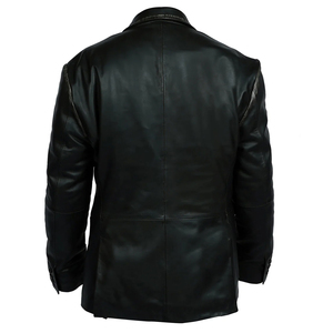 Men's Black <b>Leather</b> Single Breasted Notched Collar <b>Blazer</b> Regular Fit Windproof Woven <b>Jacket</b> - Product Image 4