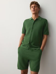 Men's Green <b>Waffle</b> Knit Polo <b>Shirt</b> and Shorts Set Solid Color Casual Summer Wear Breathable Cotton Fabric - Product Image 1