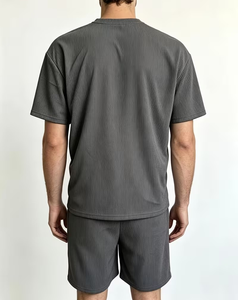 Men Solid Summer Breathable Waffle T-Shirt Set Ribbed Short Sleeve Crew Neck Casual Knit Tee and Shorts Front Logo Lounge Outfit - Product Image 2