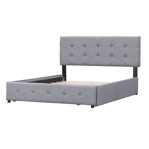 Letto matrimoniale imbottito grigio chiaro con testiera classica e 4 cassetti, non necessita di rete a doghe, in tessuto di lino - Product Image 5