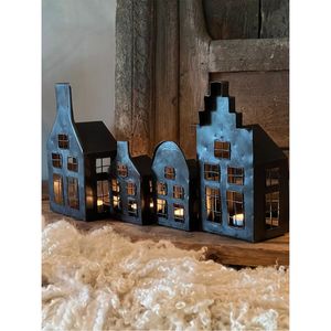 Rustic Galvanized Metal House Candle Holder <b>Set</b> Shabby Chic White Zinc <b>Lantern</b> Tabletop Christmas Decorative Village Display - Product Image 5