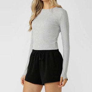 Custom Logo Solid Pattern Gym <b>Women</b> Ribbed Material <b>Shirt</b> High Stretch Polyester/Spandex Body Fit <b>Long</b> Sleeve Workout <b>Shirt</b> - Product Image 1