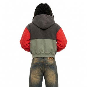 OEM Heavyweight Acid Wash Men Hoodies Custom Print Rhinestone Studded <b>Red</b> Sleeve Color Block Full Zip Up Hoodie Streetwear - Product Image 2