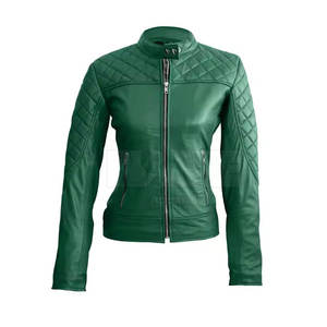 Blouson moto en cuir PU vert pour femme, col montant, manches longues, matelassé, fermeture éclair, idéal pour l'automne - Product Image 1