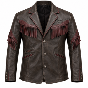 Chaqueta de Cuero Genuino Personalizada para Hombre, Estilo Western con Flecos, Piel de Vaca Auténtica, Color Marrón Oscuro Rojizo Vintage, Fabricante OEM ODM, Exportador Mayorista - Product Image 1
