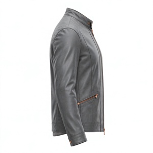 Veste Moto Casual en Cuir Véritable Noir pour Homme, Imperméable, Col Debout, Fermeture Éclair, Coupe Slim, Longueur Classique, Couleur Unie, Hiver - Product Image 3