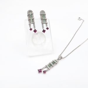 925 Sterling Silver Natural Emerald <b>Garnet</b> Rhodolite Pendant & <b>Earring</b> Set Rhodium Plated OEM ODM Fine Jewelry - Product Image 1