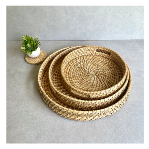 Plateau de service en rotin tressé écologique avec poignées en bois, design rustique, décoration pour la maison et la cuisine, organisateur pour thé, café et collations - Product Image 2