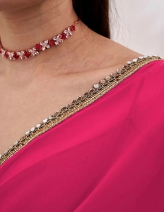 Sari en Georgette Uni/Uni KV pour Femme avec Blouse Réversible Non Cousue (Rose Bleu) pour Mariage - Product Image 3