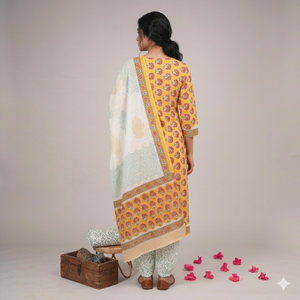 Kurti de Algodón con Estampado Floral Amarillo y Blanco, Diseño Butti Pequeño |   Ropa Étnica Femenina de Alta Calidad con Estampado a Mano |   Conjunto Elegante Hecho a Mano - Product Image 3