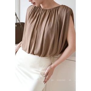 Top corto sin mangas plisado para mujer, cuello redondo, tejido, color sólido vintage para verano [A8124] - Product Image 1