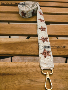 Premium Handcrafted Beaded Star Purse <b>Strap</b>- White Artisan <b>Shoulder</b> Bag <b>Strap</b> with Rose Gold Beadwork, for Women's Handbags - Product Image 4