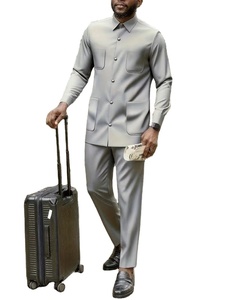 Men's Casual Knitted Winter Long-Sleeved Shirt Set Turn-Collar Single-Breasted Buttons Pocket Top Drawstring Elastic Waist - Product Image 2