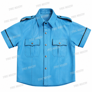 Sky Blue Burgundy Olive Leather <b>Shirt</b> Short Sleeve <b>Epaulet</b> Black Yellow White Trim Snap Button Mens Lambskin Top - Product Image 6