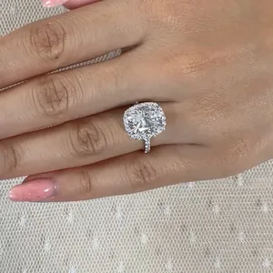 Moissanite Engagement <b>Ring</b> 925 Sterling Silver Cushion Cut Halo <b>Ring</b> Split Shank Wedding <b>Ring</b> for Women - Product Image 6