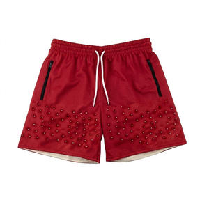 Shorts de sport pour homme en coton à séchage rapide, taille mi-haute élastique, cordon de serrage, poches zippées, couleur unie noir bleu gris, athlétique - Product Image 3