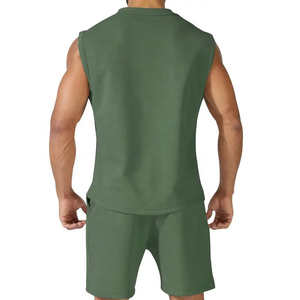 Ensemble débardeur et short vert sans manches pour homme, col rond, couleur unie, tricoté en coton et élasthanne, respirant, tenue décontractée d'été - Product Image 2