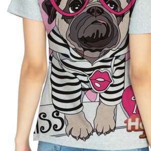 Camiseta Gris de Cuello Redondo para Mujer, Estampado de Personaje Canino, Sombrero Rosa, Gafas de Sol, Manga Corta Informal, 100% Algodón Jersey, Ajuste Cómodo, Ecológica - Product Image 2
