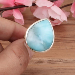 Anillo de Larimar Natural AAA en Forma de Pera, Plata de Ley 925, Larimar Genuino en Forma de Lágrima, Clásico para Boda, Gema Azul Océano Rara, Joyería Fina - Product Image 4