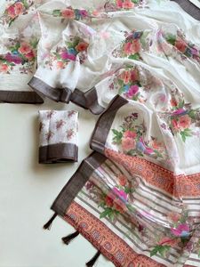 Sari en lin doux avec bordure tissée jacquard, imprimé numérique floral, chemisier imprimé – Tenue de soirée - Product Image 5