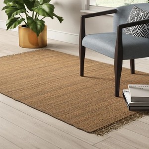 Tapis de salon rectangulaire en jute tissé plat style bohème, couleur unie, écologique, à poils courts, nettoyage facile - Product Image 2