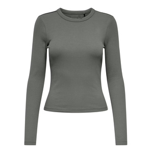 Women's Gray Long Sleeve Crew Neck Knitted T-<b>Shirt</b> Slim Fit Breathable Spandex Cotton Blend Top All Seasons - Product Image 1