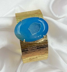 Brazalete de latón chapado en plata, azul cielo, con drusa de azúcar, ovalado, hecho a mano, ajustable, con engaste de garras, estilo bohemio, cristiano, con gema llamativa - Product Image 1