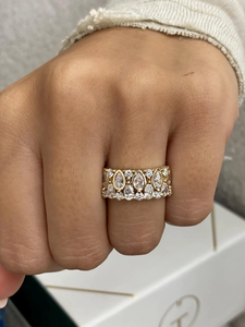Anillo de boda y declaración de oro macizo de 14K con diseño de pera y diamantes de laboratorio redondos, banda de mosaico, anillo de cigarro ancho con racimo, anillo de lágrima con múltiples piedras - Product Image 4