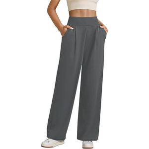 Pantalon crayon taille mi-haute pour femme, coupe droite, longueur intégrale, décontracté, couleur unie, tricoté, 100 % polyester, écologique, avec cordon de serrage - Product Image 1