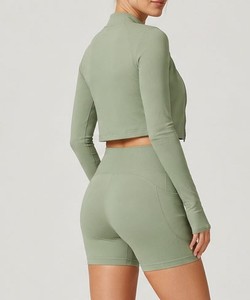 Green 3-Piece Yoga Set With Crop <b>Top</b> High Waist Shorts <b>Zipper</b> Jacket Seamless Breathable Full Sleeve Design - Product Image 4