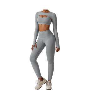 Conjunto de Yoga sin Costuras, Top de Yoga de Manga Larga con Abertura en el Pecho, Leggings de Cintura Alta, Transpirables, 6 Piezas, Resistentes al Viento, Ecológicos - Product Image 1