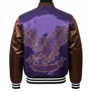 Purple Men's Bomber <b>Jacket</b> With Sequined Eagle Embroidery Brown Sleeves Zipper Closure Casual Style Autumn Wear - Product Image 6