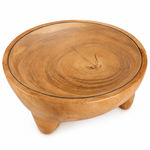 <b>Solid</b> Suar <b>Wood</b> Terra Circle Coffee Table Organic Contemporary Design Premium Quality Tempered Glass Top Living Room Furniture - Product Image 3