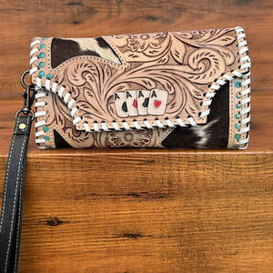 Haute qualité Designer cuir de vachette pochette usiné à la main sculpture portefeuilles en cuir véritable carte de crédit bracelet portefeuilles pour femmes - Product Image 6