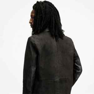 Blazer en cuir suédé vintage pour homme, coupe ajustée, boutonné, décontracté, de haute qualité, noir mat, vente en gros - Product Image 3