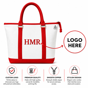 Sacs fourre-tout durables en toile blanche et rouge avec broderie à la main, personnalisables avec logo, pour la franc-maçonnerie, la sororité et les confréries. - Product Image 1