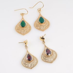 <b>Gold</b> Plated Green Onyx Filigree <b>Dangle</b> <b>Earrings</b> Pear Shape Gemstone Boho Vintage Statement Jewelry for Women - Product Image 2