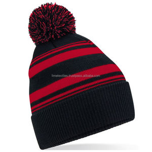 Wholesale Custom Stripe Winter Warm Unisex 100% <b>Wool</b> <b>Beanie</b> Striped Knitted Jacquard Cuffed Pom Pom Cap Hats - Product Image 1