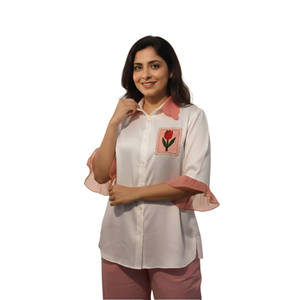 Chemise pour femmes LOVE LETTER en satin Mashru blanc de qualité supérieure, style élégant et décontracté, vêtements de mode quotidiens pour femmes, fourniture OEM - Product Image 1