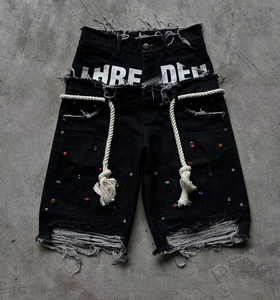 Shorts en jean délavé pour homme, taille haute, coupe droite, en coton, style décontracté d'été avec poches, tissu tissé, détails surpiqués - Product Image 4