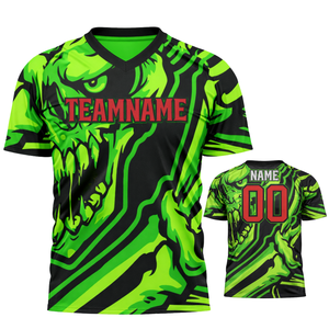 เสื้อฟุตบอลแบบซับลิเมชั่นสั่งทำสำหรับผู้ชาย สีเขียวดำ ลายหัวกะโหลก คอวี ชุดทีม ระบายอากาศได้ดี เสื้อกีฬา - Product Image 1